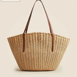 J. Crew Natural Woven Tote with Brown Straps